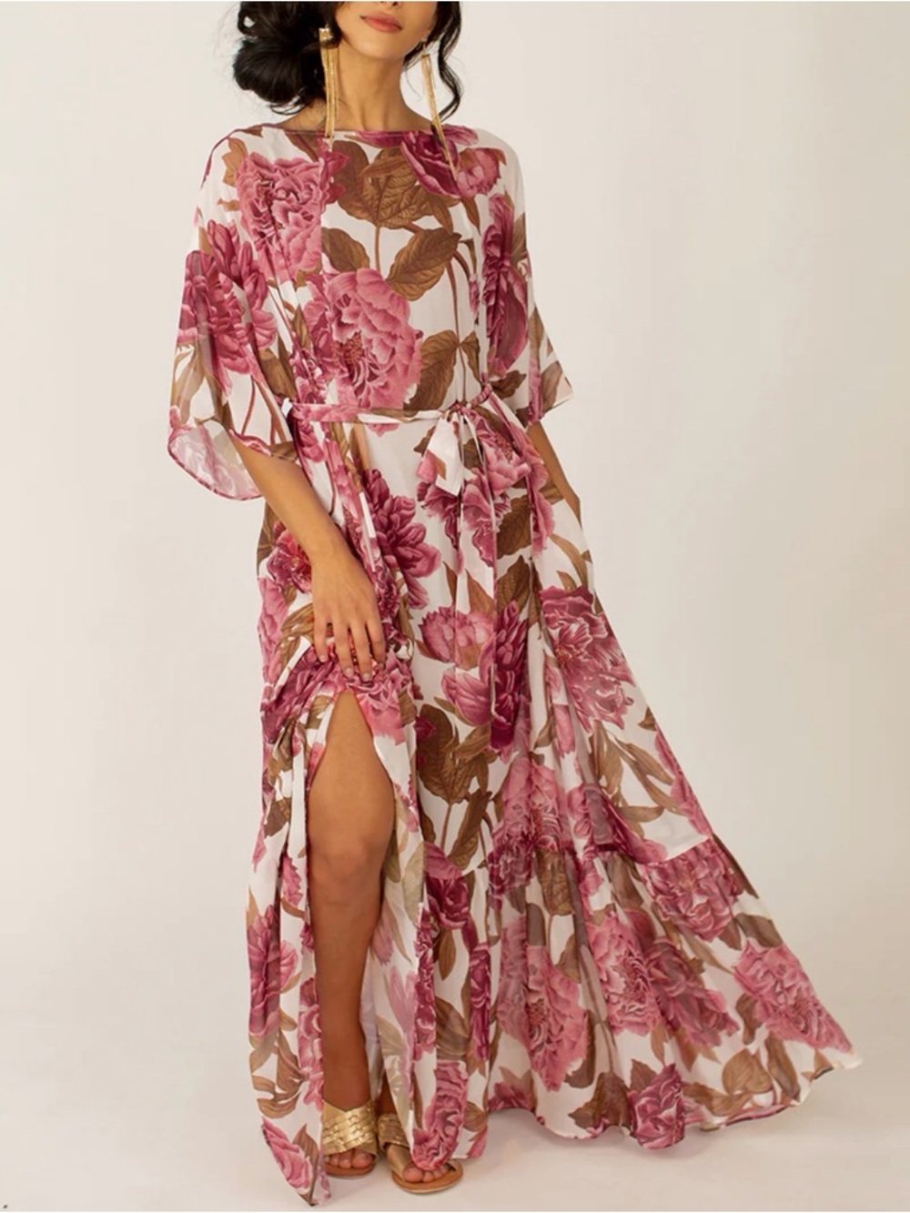 Floral Pink Maxi Dress with Tie Waist
